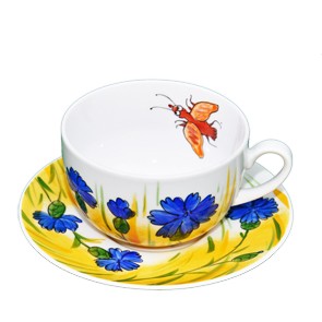 Helina Tilk: Handbemaltes Porzellan Geschirr und Keramik - handbemalte Tasse aus Porzellan mit Unterteller 0,45 l mit Kornblumenmotiv - Porzellan Geschirr hier kaufen