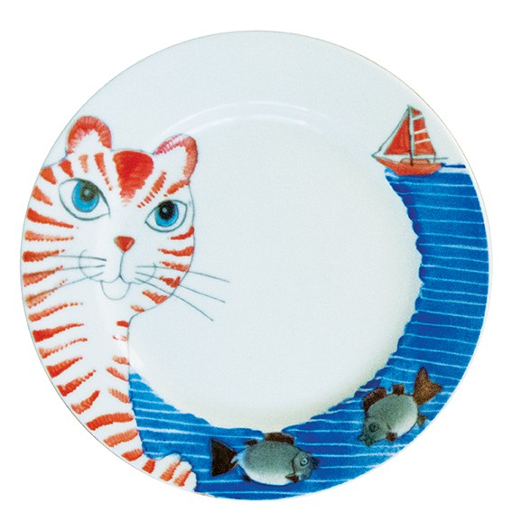 Helina Tilk Deutschland: Handbemaltes Porzellan - Teller Wind & Weite Katze mit zwei Fischen und Segelbot