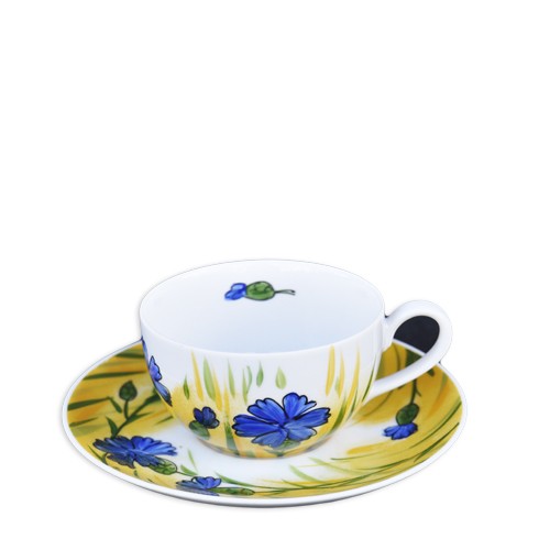 Helina Tilk: Handbemaltes Porzellan Geschirr und Keramik - handbemalte Tasse aus Porzellan mit Unterteller 0,25l mit Kornblumenmotiv - Porzellan Geschirr hier kaufen